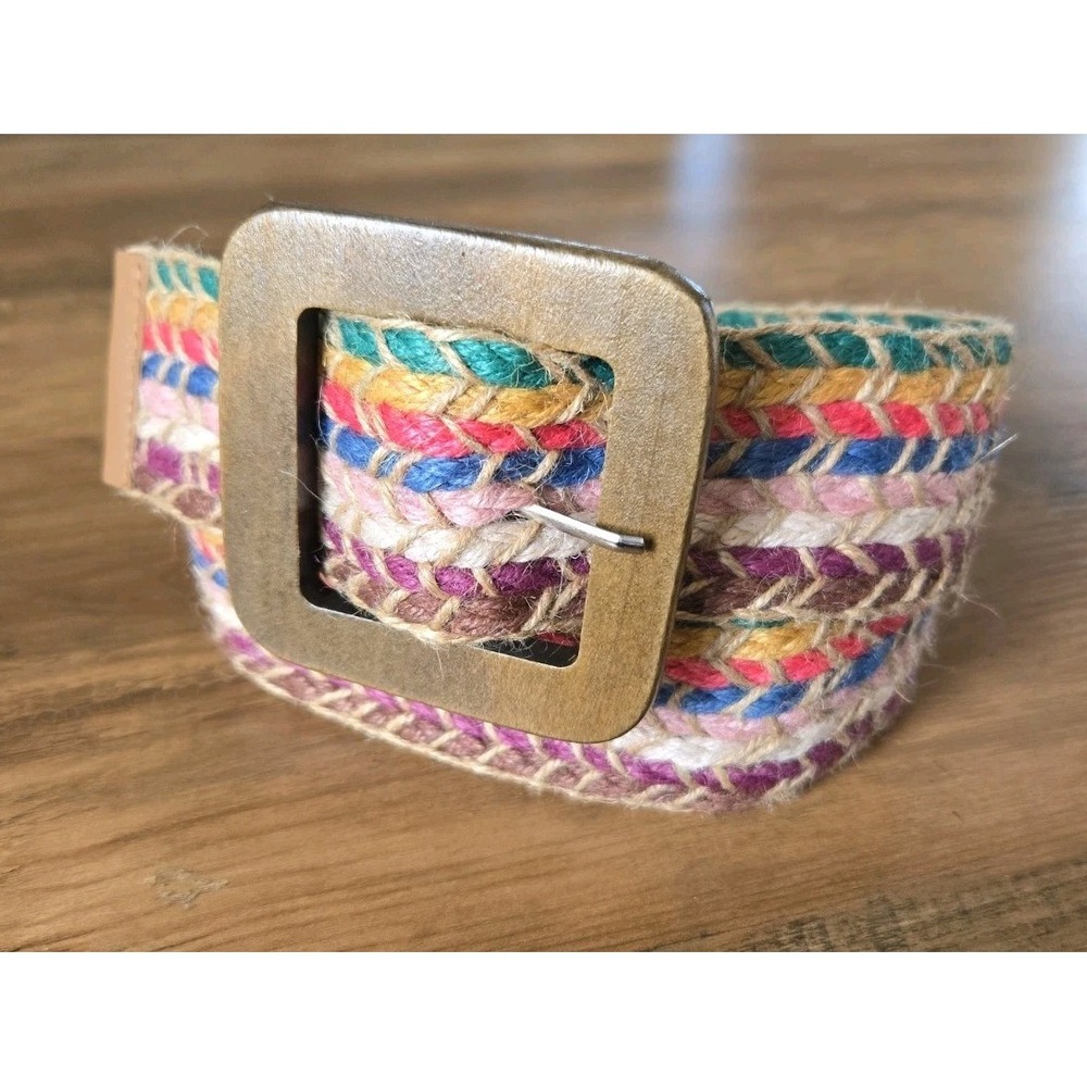 Multi-Color Woven Natural Colorful Rope Wood Buckle Waist Belt 33-36 M/L NWOT